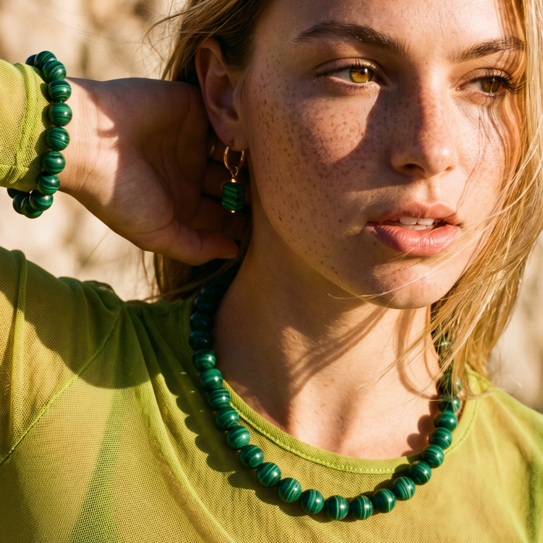Malachiet natuursteen edelsteen kralenset met oorringen, kralenketting en kralenarmband. Gedragen op Casa Jadel Model.