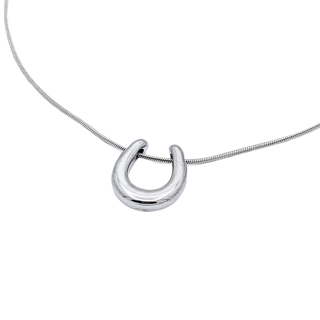 Detail van zilveren hoefijzer hanger aan elegante ketting