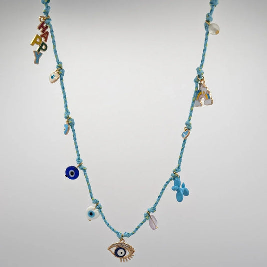 Bedelketting met symbolen en geluksoogjes-gevlochten Ibiza turquoise blauw 