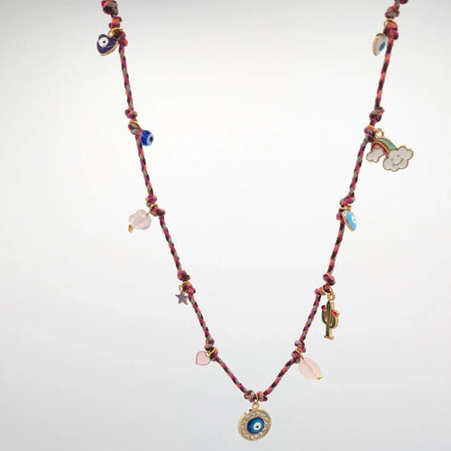 Ketting gevlochten Ibiza roze rode ketting big eye