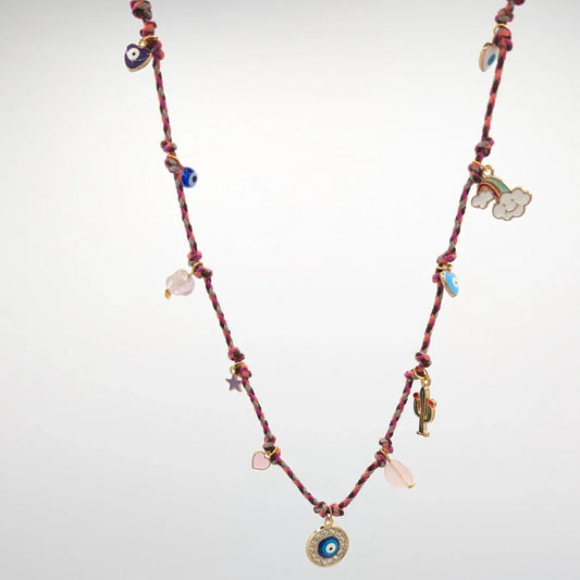 Ketting gevlochten Ibiza roze rode ketting big eye