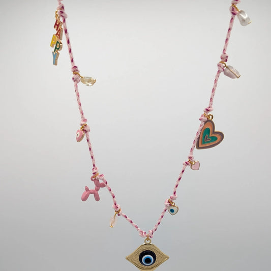 Ketting dames gevlochten Ibiza roze ketting big eye