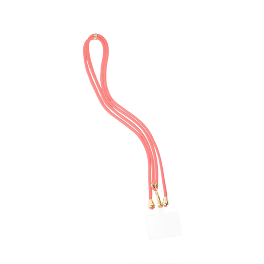 Roze lang telefoonkoord rope met goudkleurige details en crossbody draagfunctie