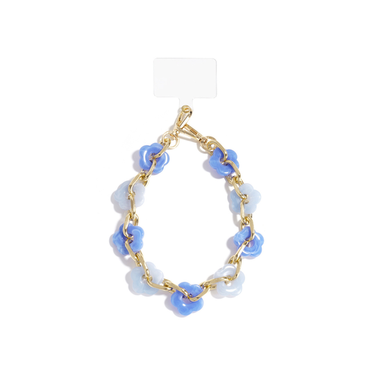 Telefoonkoord met lichtblauwe bloemen en goudkleurige schakels