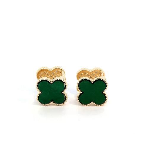 Clover oorknopjes goud met smaragd groen andere zijde kleine witte kristallen