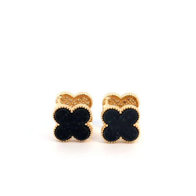 Clover oorknopjes goud met zwart andere kant met kleine witte kristallen