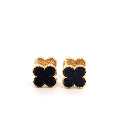 Clover oorknopjes goud met zwart andere kant met kleine witte kristallen