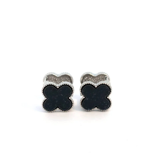 Clover oorknopjes zilver met zwart andere kant met kleine witte kristallen