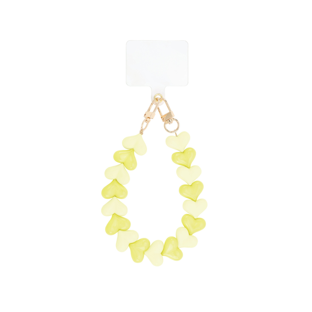 Wit-geel hartjes telefoonkoord met glanzende kralen en goudkleurige sluiting van Casa Jadel