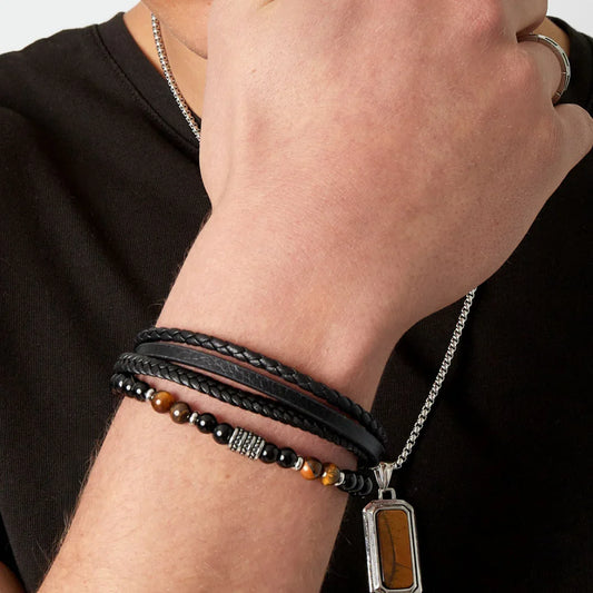 ARMBAND MANNEN DUBBEL GEVLOCHTEN MET KRALEN ZILVER/ZWART
