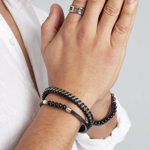 Armband heren Stylish zwart zilver en kralen.