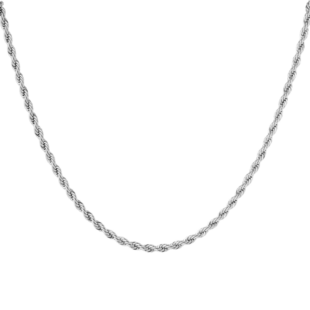 Zilveren gedraaide ketting S van stainless steel vrijstaand op witte achtergrond