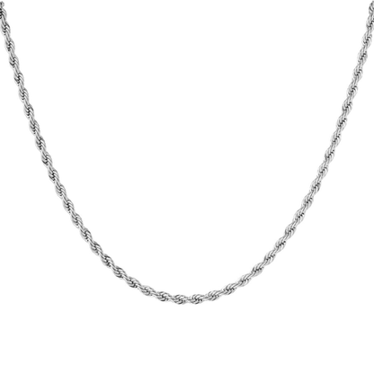 Zilveren gedraaide ketting S van stainless steel vrijstaand op witte achtergrond