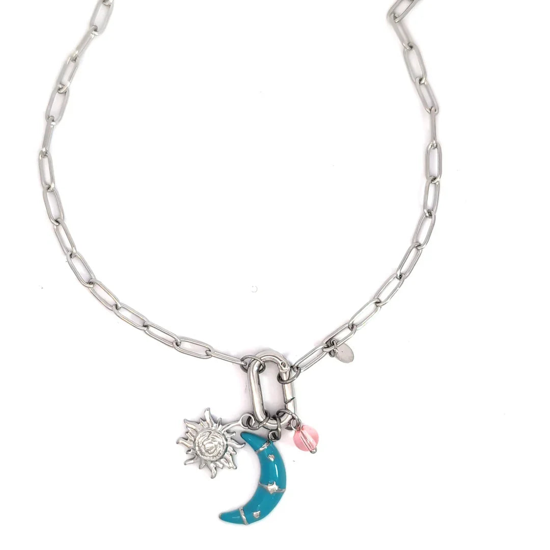 Zilveren schakel ketting met bedels turquoise maan zon en roze kraal - Casa Jadel