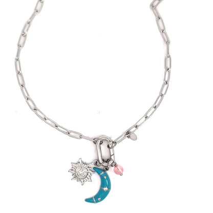 Zilveren schakel ketting met bedels turquoise maan zon en roze kraal - Casa Jadel