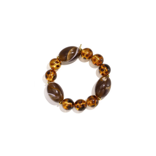 Amber bruine panter mixed chunky kralenarmband met transparante, ovale en panterprint kralen
