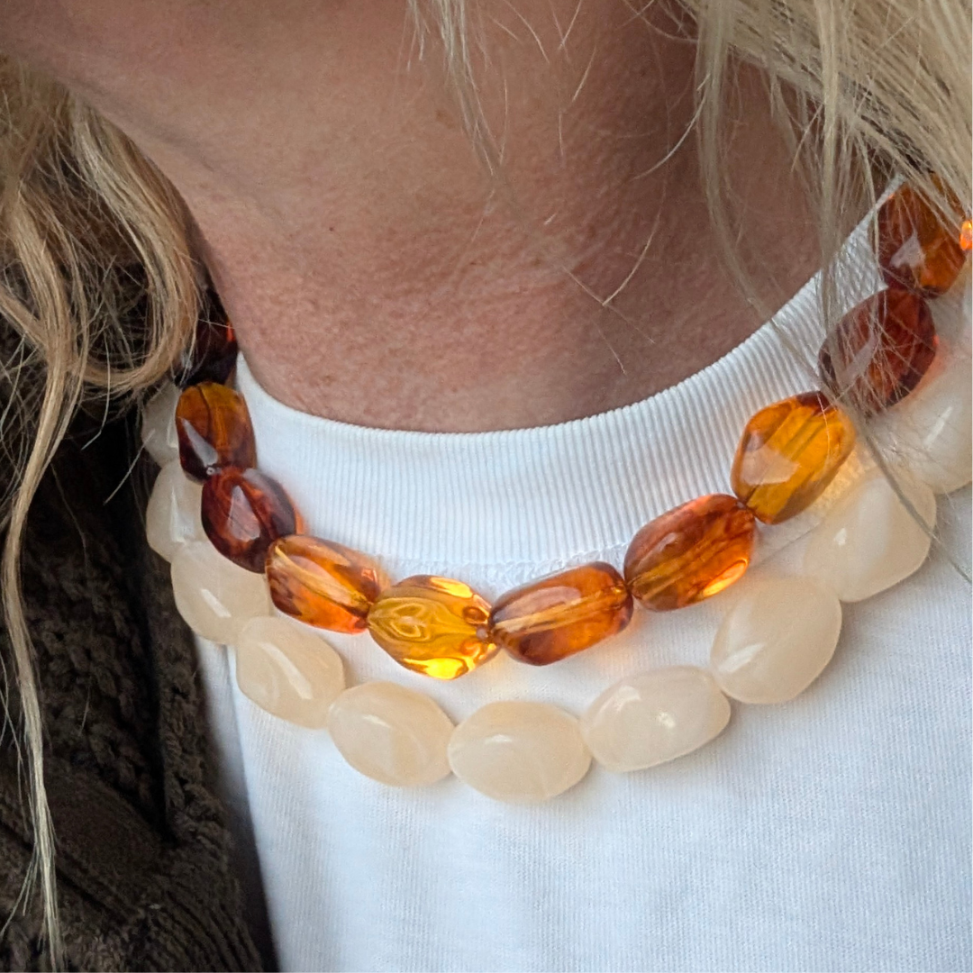 Chunky grote kralenketting amber en wit