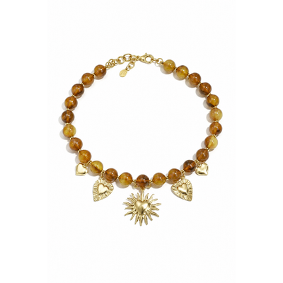 Amber bruine marble kralenketting met gouden hartjes