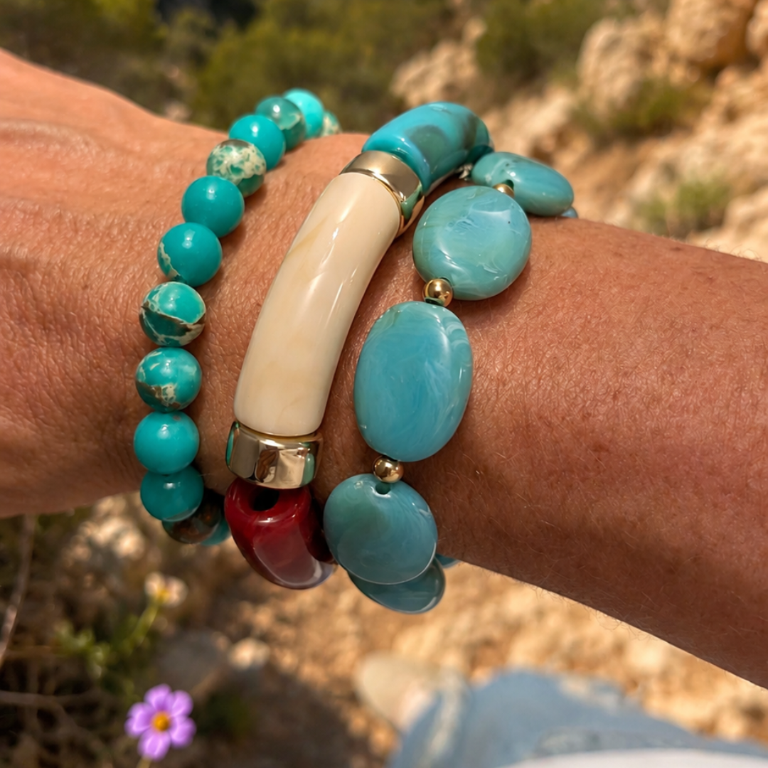 arm platte blauw kraal tube en natuursteen armbanden