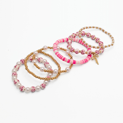 Armbandenset Lola roze met parels en subtiele goudaccenten