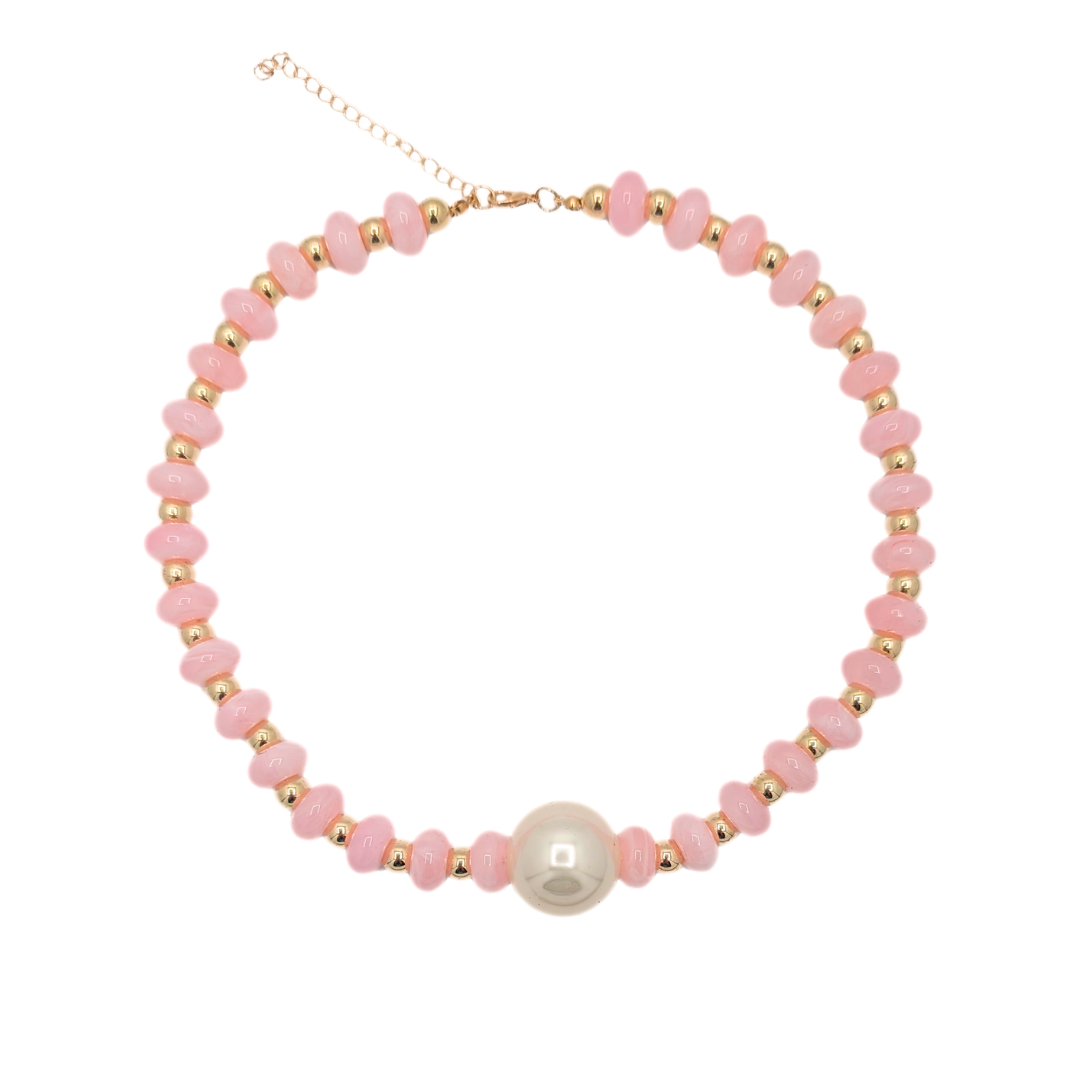 Babyroze donut kralenketting met grote parel en goud
