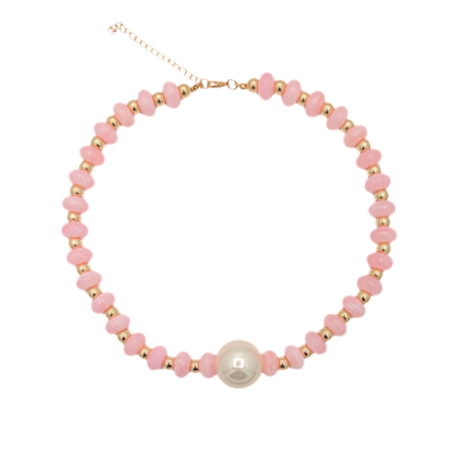 Babyroze donut kralenketting met grote parel en goud

