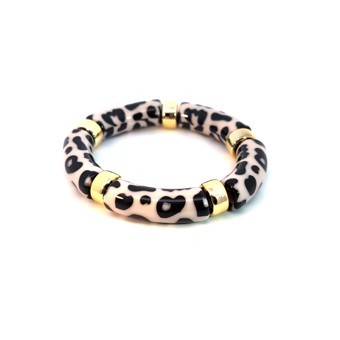 Babyroze tube armband met zwarte panterprint en goudkleurige details op witte achtergrond