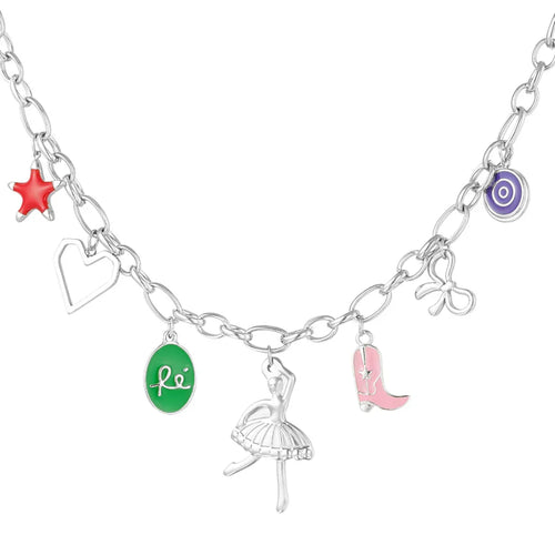 Zilveren bedel ketting bedeltjes ballerina cowboylaars hartje strikje
