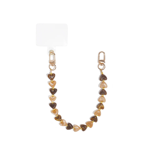 beige bruine marble hartjes telefoonkoord met ambergele en donkerbruine hartjes en goudkleurige details van Casa Jadel