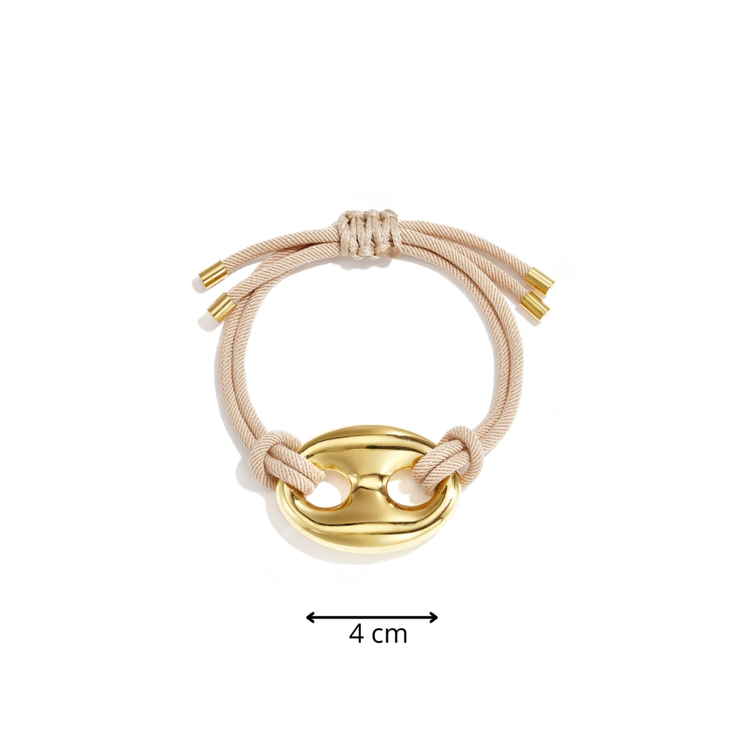 Beige rope armband met gouden bean sluiting van stainless steel en verstelbaar koord afmeting