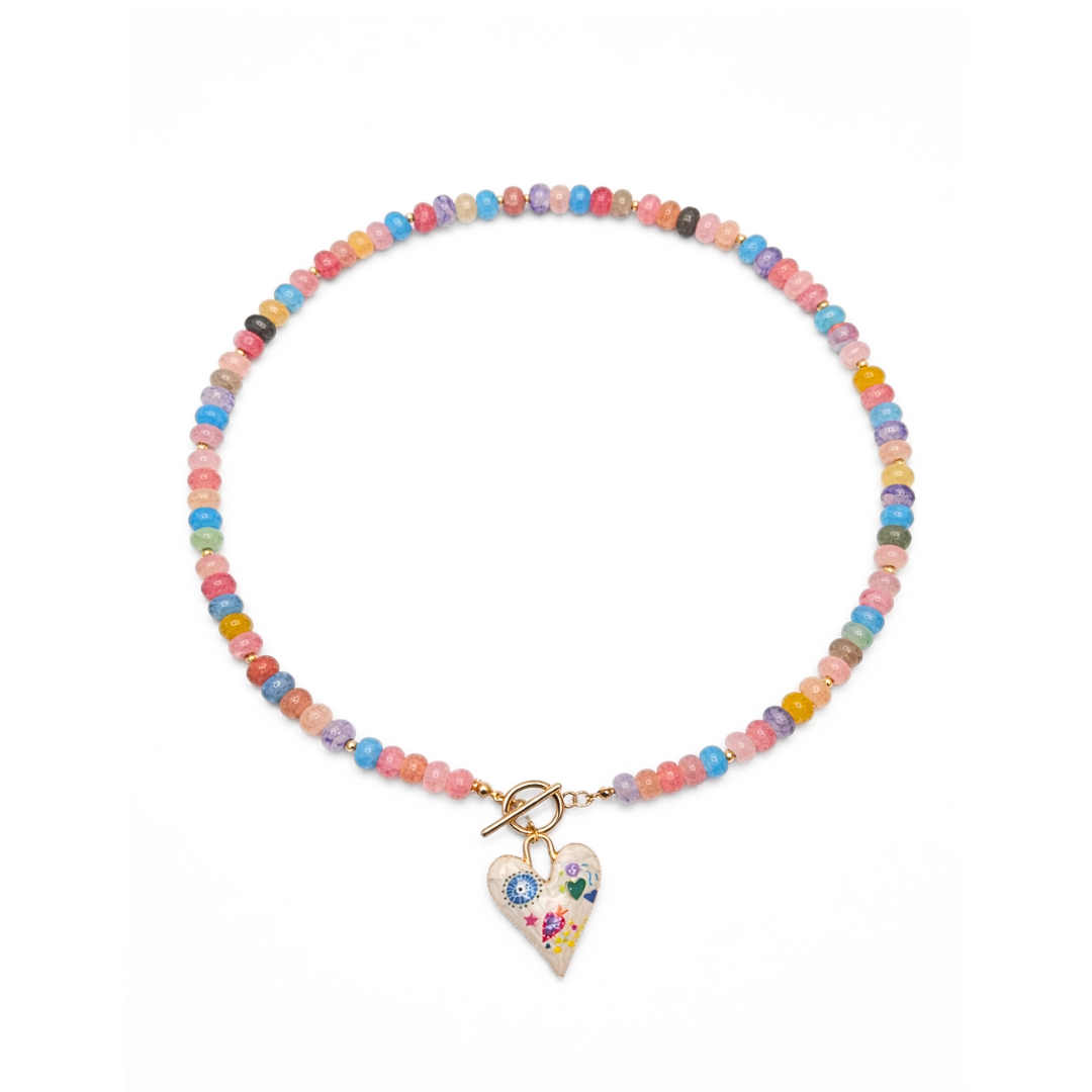 Blauw-oranje glazen kralenketting met hart hanger

