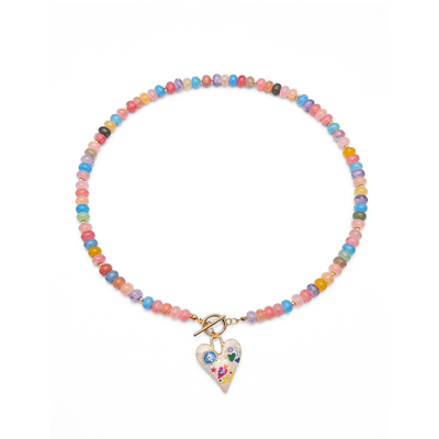 Blauw-oranje glazen kralenketting met frontsluiting en hart