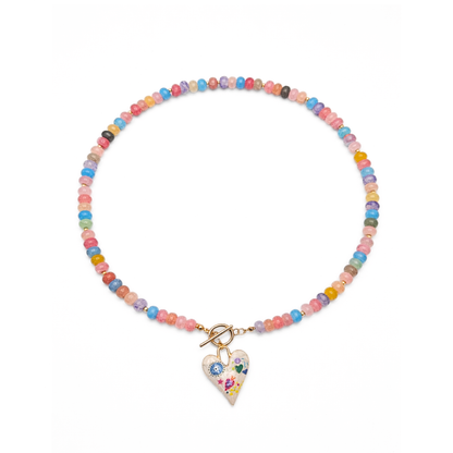 Blauw-oranje glazen kralenketting met hart hanger
