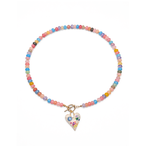 Blauw-oranje glazen kralenketting met frontsluiting en hart
