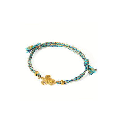 Blauw groen rope armbandje met gouden schildpad