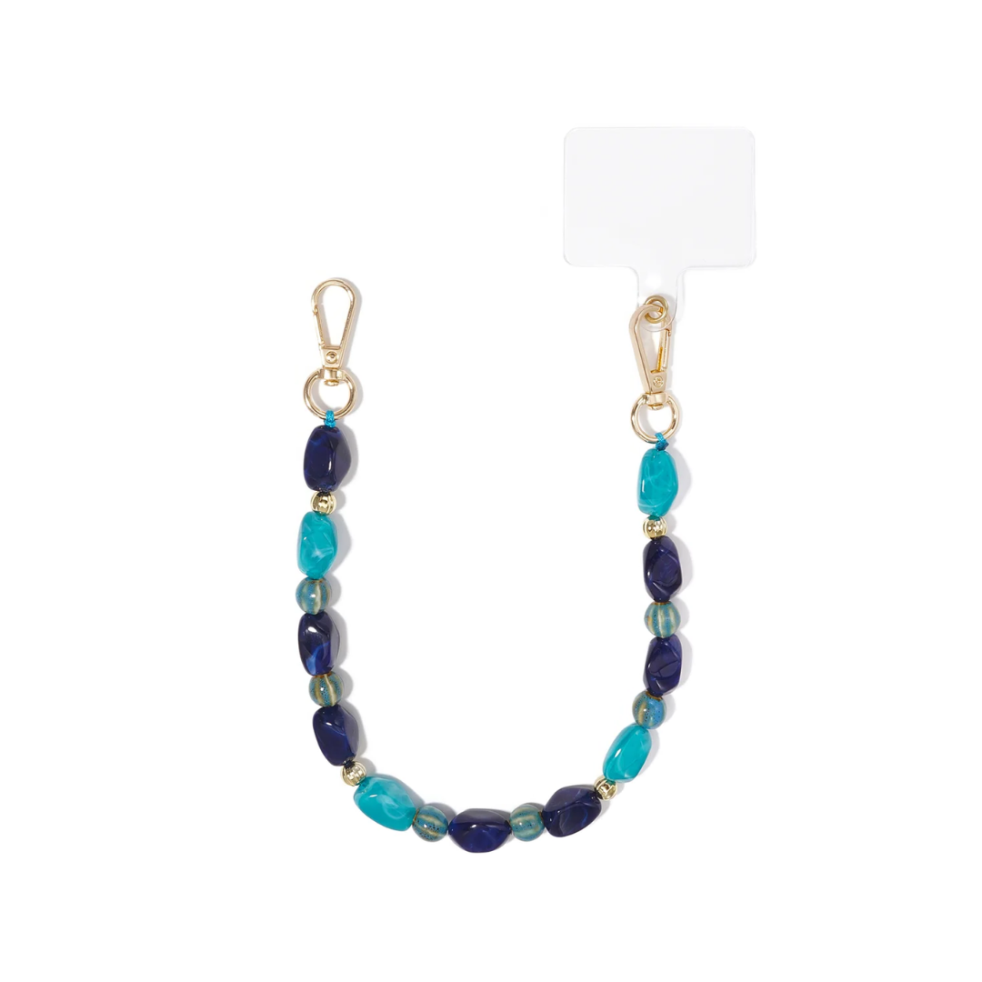 Blauw turquoise kralen telefoonkoord met donkerblauwe kralen en gouden clips