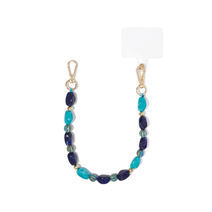 Blauw turquoise kralen telefoonkoord met donkerblauwe kralen en gouden clips