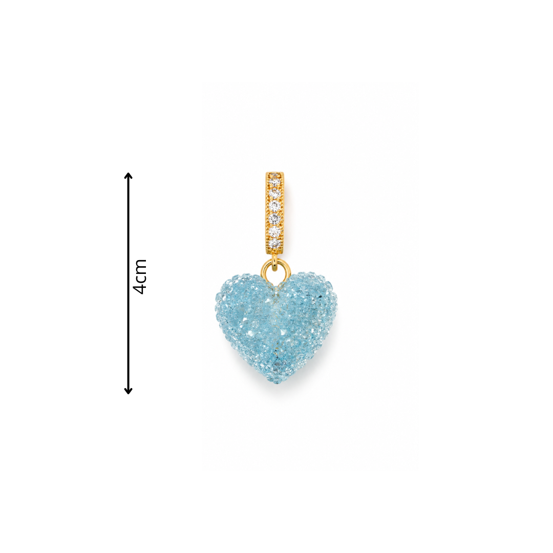 Blauwe Candy Heart bedel met lichtblauw sparkling hartje en goudkleurige details afmeting