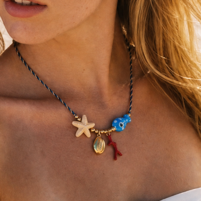 Rope ketting met zee bedels en kralen blauw