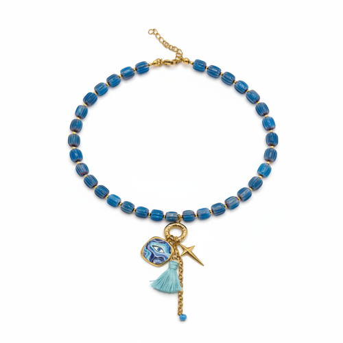 Blauwe glazen kralenketting met kwast en oog