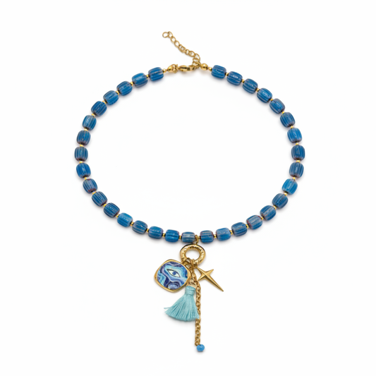 Blauwe kralenketting dames met oog bedel ster en kwastje Ibiza stijl