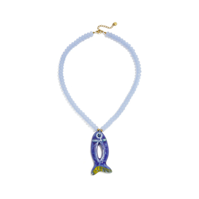 Blauwe kralenketting met blauwe open vis