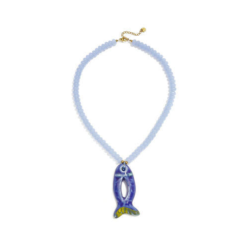 Blauwe kralenketting met blauwe open vis
