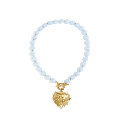 Blauwe kralenketting frontsluiting statement hart