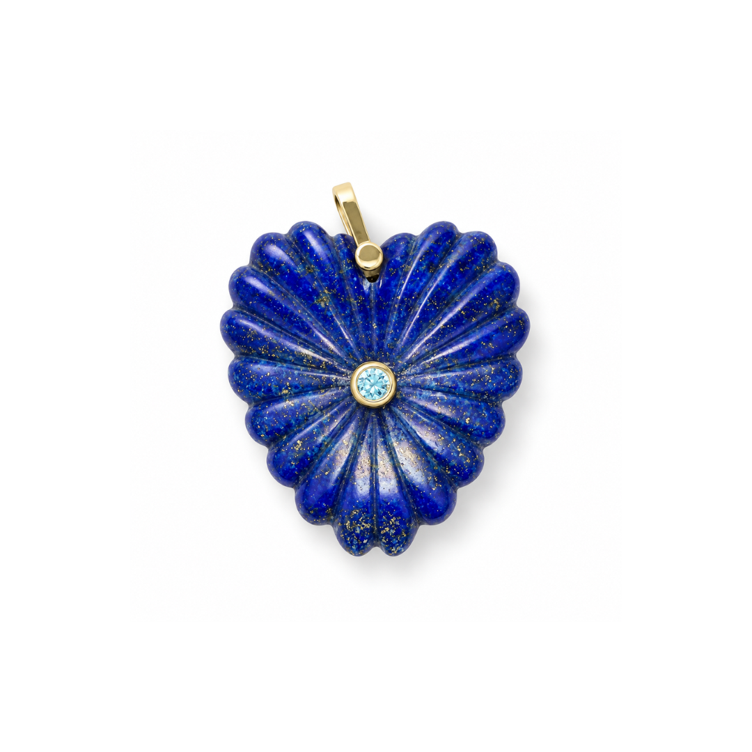 Diepblauwe lapis lazuli hartvormige bedel met goudkleurige spikkels, stralend reliëf, een lichtblauw steentje en goudkleurig hangoog.