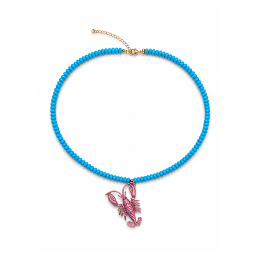 Blauwe ovale lange kralenketting met roze kreeftbedel van Casa Jadel