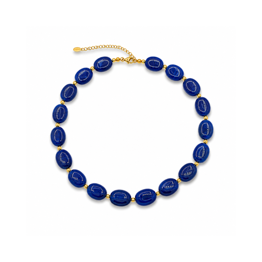 Blauwe ovale marble kralenketting Gigi met gemarmerde kralen van Casa Jadel.