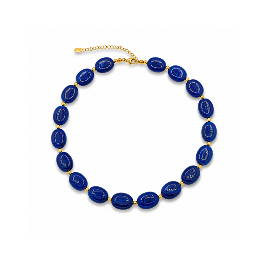 Blauwe ovale marble kralenketting Gigi met gemarmerde kralen van Casa Jadel.
