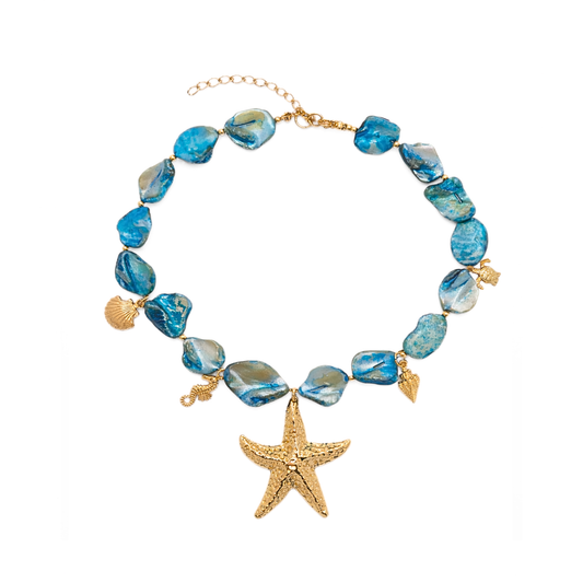 Blauwe schelpen ketting met zeester bedel en ocean bedels Casa Jadel