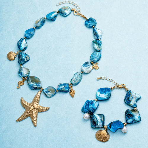 Blauwe schelpen set | armband en ketting